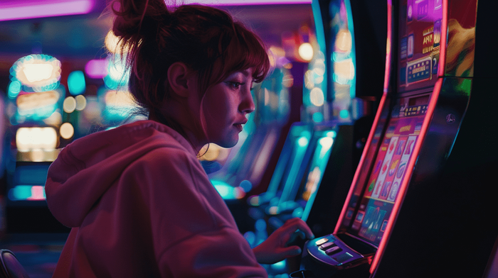 A woman playing progressive slots in a casino.